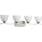 Progress Lighting - Laird 4-Light Bath Sconce - The Laird collection provides a contemporary complement to casual interiors popular in today's homes. Glass shades add distinction and provide pleasing illumination to any room, while scrolling arms create an airy effect. Uses (4) 100-watt medium bulbs (not included).