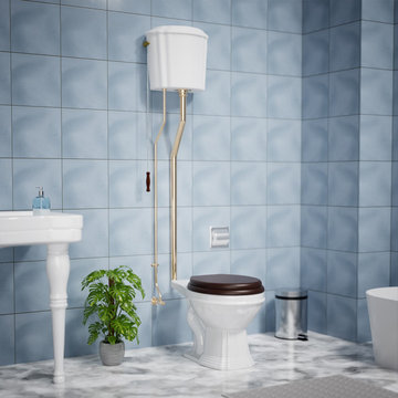 White High Tank Pull Chain Toilet Round Bowl Brass Pipe Renovators Supply