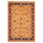 Bareens Designer Rugs - Oriental Ziegler Kasandra Gold Blue Hand-Knotted Wool Rug - 6'0'' x 8'10'' - Enhance the ambiance of your home with this magnificent Persian-influenced Turkish hand-knotted rug made by skilled artisans capable of creating the most exceptional vegetable dyes and hand-spun wool. This exquisite handmade rug is a one-of-a-kind Peshawar Kafkaz, otherwise identified as Chobi, Chobi Peshawar, Oushak, or Ziegler rug. These handmade rugs are crafted in Pakistan utilizing superior-quality wool imported from Australia, New Zealand, and Korea in two types of weaves: the Persian weave and the Mori weave. This rug is meticulously crafted by hand using the finest natural vegetable dyes extracted from local plants. The artisans use a blend of hand-spun local and fine merino wool, resulting in a rug with a compelling texture, higher lanolin content, and longer staple. The artisans occasionally incorporate natural or artificial silk into the pile to enhance specific motifs. The finished product is an awe-inspiring execution of flawless design and an understated palette that exudes elegance.