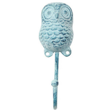 Rustic Dark Blue Whitewashed Cast Iron Decorative Owl Hook 6'' - Owl Decor - De
