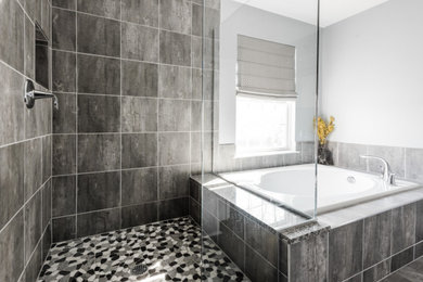 Bathroom - large transitional master gray tile gray floor and double-sink bathroom idea in Baltimore with white cabinets, granite countertops and a built-in vanity