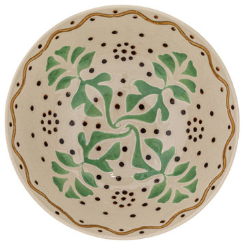 7.5" Round Stoneware Bowl Dinnerware Set, Leaves, Dots Design, Green, Set of 6