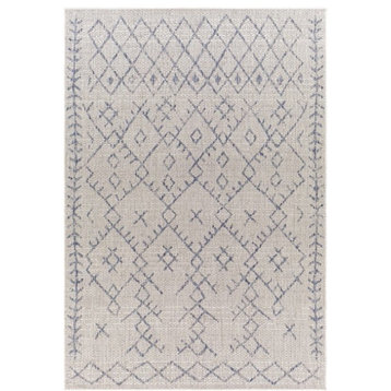 Indoor Outdoor Area Rug With Tribal Geometric Pattern, Light Blue/7'10" X 10'2"
