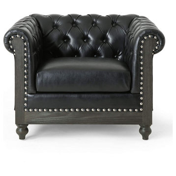 Traditional Accent Chair, Cushioned Seat With Button Tufted Back, Midnight Black