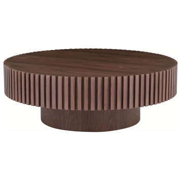 Modern Coffee Table, MDF Construction With Round Top & Fluted Accent, Walnut/31"