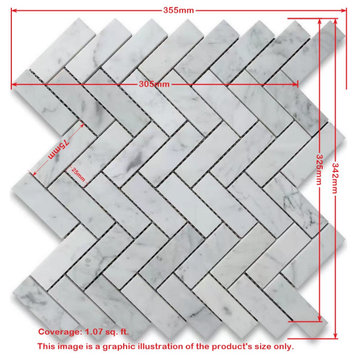 Herringbone Mosaic White Carrara Venato Carrera Marble Tile Honed 1x3, 1 sheet