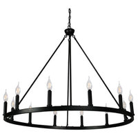 Canyon Home 12-Light Chandelier Wagon Wheel, 37” Wide, Matte Black Steel