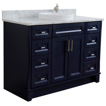 49" Single Sink Vanity, Blue Finish With White Carrara Marble And Round Sink
