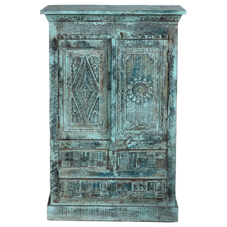 Consigned Vintage Blue Cabinet Floral Carved Entryway Accent Table 49