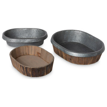 Galvanized Lined Wooden Oval Trays, Set of 2