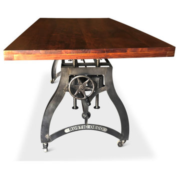 Crescent Industrial Dining Table - Adjustable Height - Casters - Mahogany