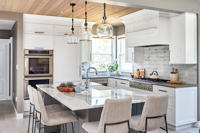 Transitional l-shaped gray floor kitchen photo in Toronto with a farmhouse sink, shaker cabinets, white cabinets, quartz countertops, gray backsplash, paneled appliances, an island and gray countertops