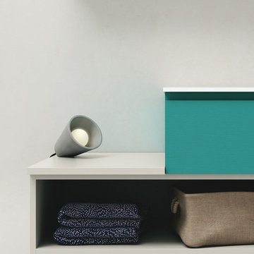 Modern grey and turquoise bathroom with wood floors