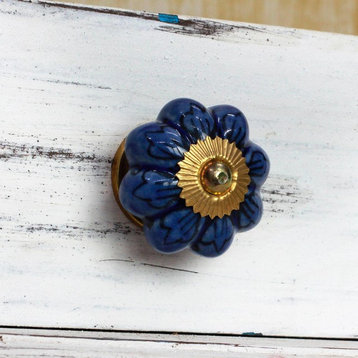 Flower Harmony in Blue, Set of 6 Ceramic Cabinet Knobs, India