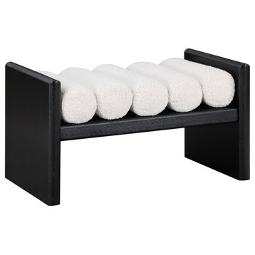 Waverly Boucle Fabric Upholstered Bench, Cream, 32" Wide, Black Finish
