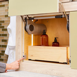 Wellborn Cabinet's Deep Sliding Shelves behind Vertical Hinge Cabinets - Products