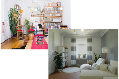 Inspiration för ett funkis vardagsrum, med grå väggar, mellanmörkt trägolv, en öppen vedspis och brunt golv