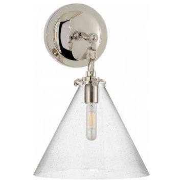 Bathroom Wall Sconce, 1-Light Conical, Polished Nickel, Seeded Glass, 14.5"H