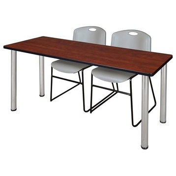 72"x24" Kee Training Table, Cherry/ Chrome and 2 Zeng Stack Chairs, Gray