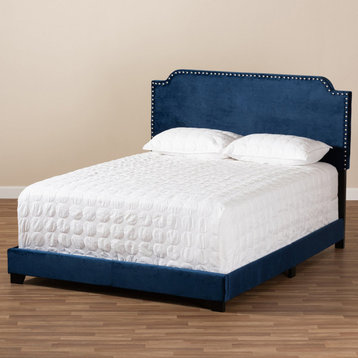 Classic Platform Bed, Chrome Nailhead Velvet Fabric Headboard, Navy Blue, King