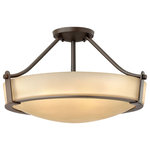 HInkley - Hinkley Hathaway Large Semi-Flush Mount, Olde Bronze - Hathaway's striking design features a bold shade held in place by three intersecting, floating arms with unique forged uprights and ring detail for a modern style. Available in Heritage Brass with etched glass, Olde Bronze with etched glass, Olde Bronze with etched amber glass and Antique Nickel with etched glass.