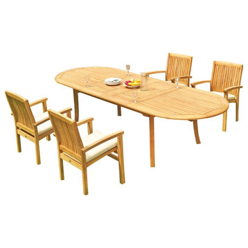 5-Piece Outdoor Teak Dining Set: 117" Oval Extn Table,4 Wave Stacking Arm Chairs