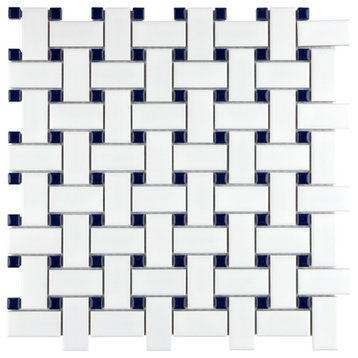 Metro Basketweave White w/ Glossy Cobalt Dot Porcelain Floor and Wall Tile