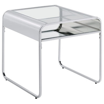 Contemporary End Table, Metal Frame With Glass Top & Mirrored Shelf, Chrome