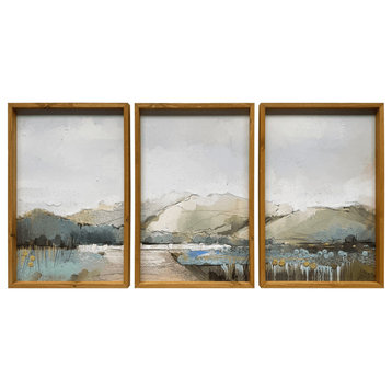 Set of Three Rolling Hills Landscape Brown Framed Painting Wall Art
