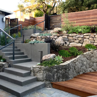 Diseño de jardín de secano, actual, de tamaño medio, en verano, en patio delantero, con muro de contención, exposición parcial al sol y entablado