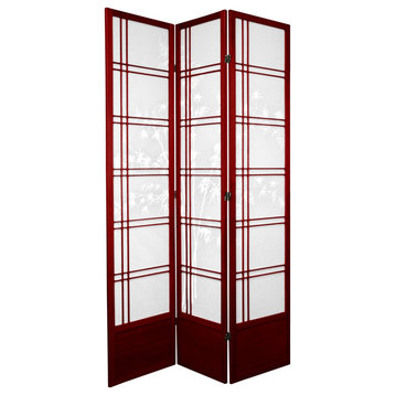 Traditional Room Divider, Elegant Design With Bamboo Painting, Red/3 Panels