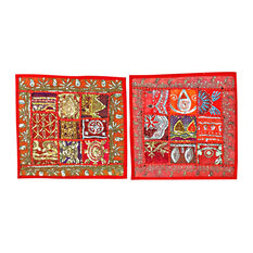 Mogul Interior - 2 Indian Pillow Red Sari Patchwork Sequin Beaded Toss Cushion Covers - Decorative Pillows