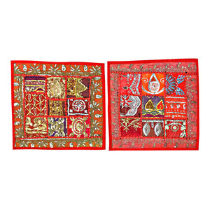 Mogul Interior - 2 Indian Pillow Red Sari Patchwork Sequin Beaded Toss Cushion Covers - Decorative Pillows