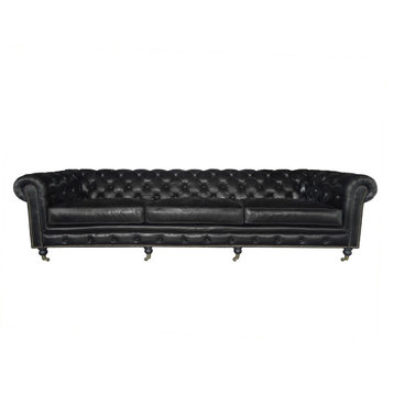 Vintage Leather 4-Seat Sofa Chesterfield, 118"x36"x30", Black