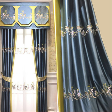 QYHL226G Gold White Blue Grey Embroidered Birds Faux Silk Custom Made Curtains F