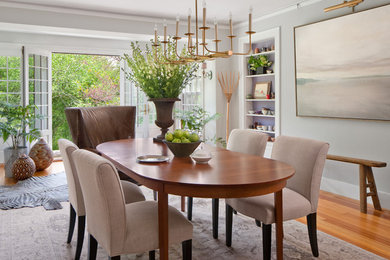 Inspiration for a country dining room in Providence with grey walls and light hardwood floors.