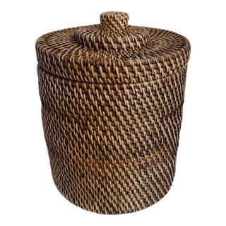 La Jolla Rattan Round Waste Basket with Plastic Insert & Lid. Small