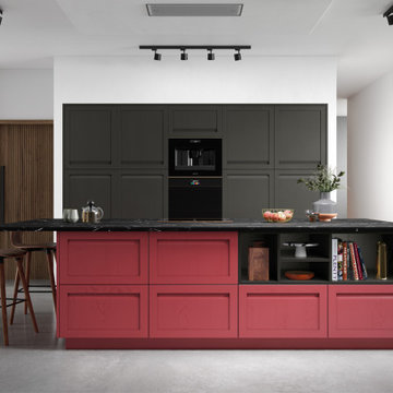 Graphite Gray with Chicory red kitchen cabinets