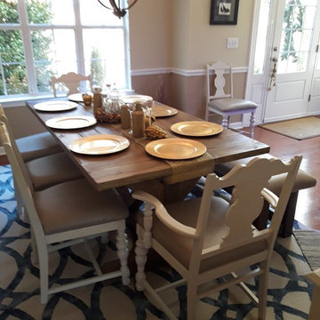 Farm House Country Trestle Table, Genuine Leather Covered Bench and Chairs