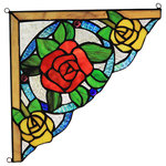 CHLOE Lighting - CHLOE Lighting ROSELIA  Floral Tiffany-glass Window Panel 10" - ROSELIA, a Floral stye stained glass window panel features a beautiful rose design with bright colors. Handcrafted from 80 pieces of art glass and 3 glass beads. Main colors are red and yellow. Handcrafted using the same techniques that were developed by Louis Comfort Tiffany in the early 1900s, this beautiful Tiffany-style piece contains hand-cut pieces of stained glass, each wrapped in fine copper foil.