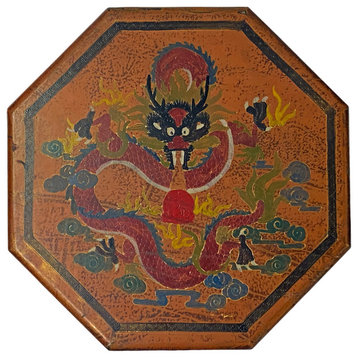 Chinese Distressed Light Brown Octagon Dragon Treasure Graphic Box Hws2346