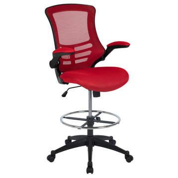 Mid-Back Red Mesh Ergonomic Drafting Chair with Adjustable Foot Ring and...