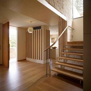 Design ideas for a modern foyer in Sydney with beige walls, medium hardwood floors, a single front door, a medium wood front door and brown floor.