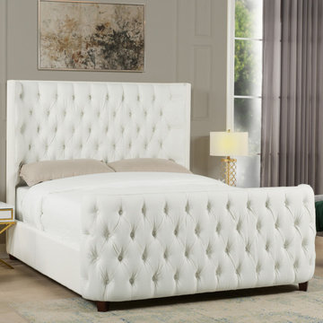 Brooklyn Tufted Wingback Shelter Panel Bed, Antique White Polyester, Queen