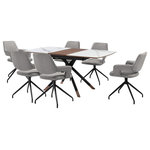Armen Living - Alora Penny 7 Piece Extendable Dining Set With Gray Fabric Chairs - The impressive Alora Penny 7 Piece Extendable Dining Set with Gray Fabric Chairs features 1 Alora extendable dining table and 6 Penny swivel dining chairs. Featuring a sleek and modern silhouette, this kitchen chair attains a chic and stylish presence in any room. The streamlined back elegantly flows into the sloping arms to offer a dose of comfort and style. A stylish cut-out in the back lightens the sculptural appeal of our dining room chair. Finished off with pyramid-shaped black metallic legs, the chair serves as a striking and sturdy accent for any corner. The dining table chair includes a tall back, padded arms, and a cushioned seat to deliver a cozy and comfortable stay. From offering a comfy seat in your kitchen to serving as a stylish and comfortable accent chair for your workspace, the Penny brings comfort and convenience to any room. It includes a 180-degree swivel function allowing you to follow conversations with ultimate ease. The tabletop features a harmonious combination of light gray ceramic with a walnut finished wood accent in its center. Rounded edges attain a soft silhouette, and the metal cross leg base brings a cool touch with the copper caps. This table can easily extend from 51" to 67" to comfortably seat up to six of your closest friends or family members. From a perfect spot to enjoy your casual meals to a luxe place to host your formal dinners, our dining table remains a versatile and stylish addition to your home. The table is expertly crafted to offer durability and easy maintenance. The Alora Penny dining set is available in 5 and 7 piece set configurations and features a light gray ceramic and walnut wood table top with black metal legs and gray fabric swivel dining chairs.
