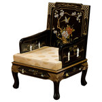 China Furniture and Arts - Chinese Imperial Style Sofa Chair With Cushion, Hand Painted Art - The majestic presence of this sofa chair is further accentuated with mother of pearl of dancing figures and hand painted floral design decorates the entire chair. The curved legs ending on the tiger-paw feet give a graceful and sturdy look. Hand applied multi layers of shiny black lacquer finish. This sofa chair is as pleasant to look and as comfortable to sit on. Silk cushion included. (Fully assembled.)