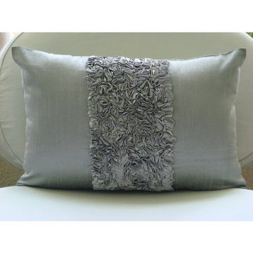 Silver Textured Ribbon 12"x16" Silk Lumbar Pillow Cover, Vintage Silver Love