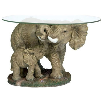 Unique Coffee Table, Elephant Real Crushed Resin Frame With Round Glass Top