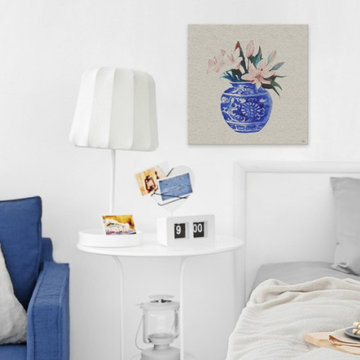 "Peach Flowers in Blue Vase" Painting Print on Wrapped Canvas
