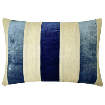 Blue Linen Velvet 12"x26" Lumbar Pillow Cover, Color Blocking Swathe Blue